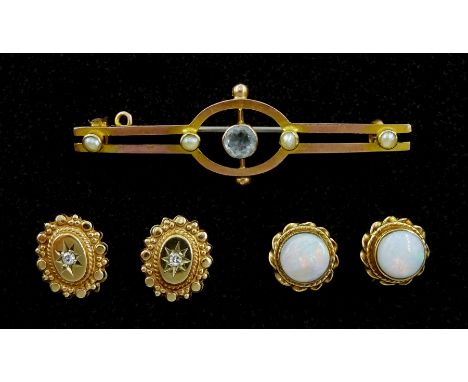 Pair of gold opal earrings, pair of diamond chip earrings and a stone set brooch, all 9ct stamped or hallmarked