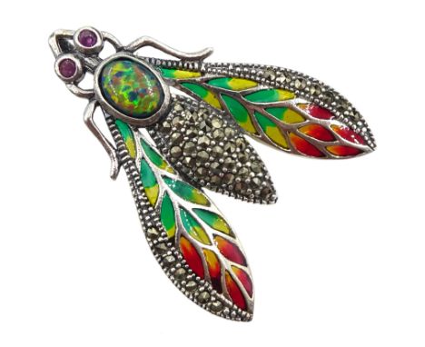 Silver plique-a-jour, marcasite and opal moth pendant/brooch, stamped 925