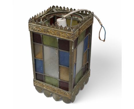A Victorian/Edwardian stained glass hanging lantern, 28cm high. Condition - fair/good