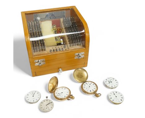 Two gold plated hunter keyless pocket watches, Waltham and Elgin, four assorted pocket watch movements including Waltham and 