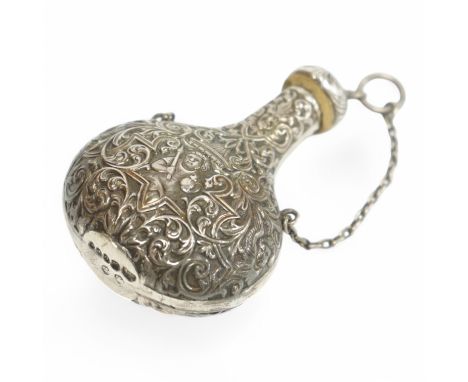 A late 19th century embossed silver scent flask, decorated with figures amid scrolls and masks, import marks for Solomon Herz