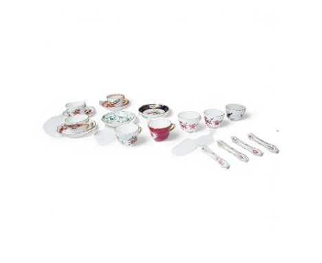 A collection of Meissen cabinet cups and saucers and four knife rests. Condition - varies