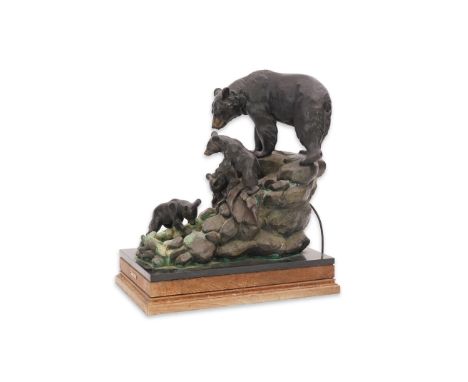 Jim Gilmore (American, b.1950), 'The Fishing Hole', modelled with a mother bear and three cubs upon a rocky outcrop, signed i