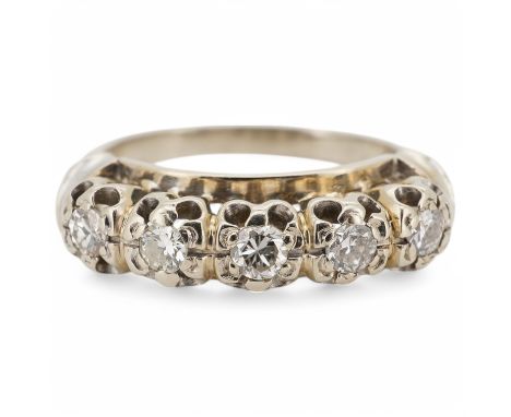 A five-stone diamond ring, set with five brilliant-cut diamonds totalling approximately 0.35 carats, size M1/2, gross weight 