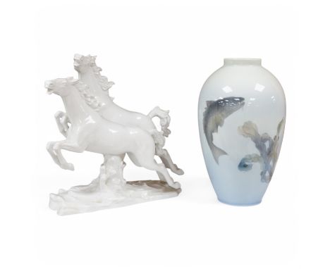 A Royal Copenhagen 'fish' vase and a Schau Bach Kunst of Germany white porcelain group of horses, 23cm. Condition - good