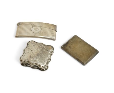 A mid 19th century Dutch 830 standard white metal shaped square snuff box, 54mm, together with a later silver card case and a