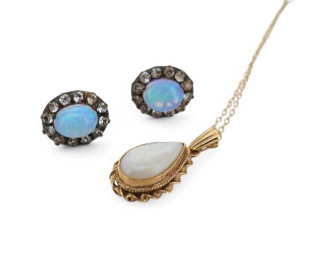 A pair of opal and paste cluster earrings, length 1.3cm each, post fittings; and a pear-shaped opal pendant on a fine chain, 