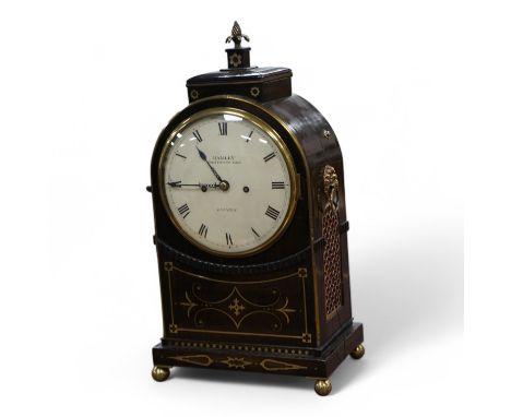 A Regency ebonised cut brass inlaid bracket clock, signed Hamley, Duke Street, St. James, London, with pull repeat, 47.5cm hi