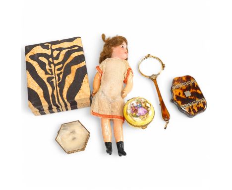 Sundry items to include a Bisque doll, pair of lorgnettes, Limoges box and a tortoiseshell purse, largest 21cm high. Conditio