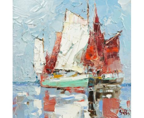 Frank Getty (German, b.1967), oil on canvas, Moored fishing boats, signed, 40 x 40cm. Condition - good