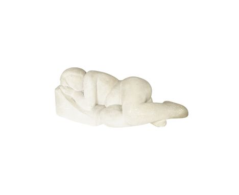 A stone carving of a sleeping nude woman, monogrammed MH, 37cm wide. Condition - fair