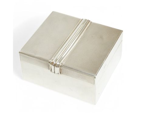 A late George VI engine turned silver cigarette box, with fluted band, William Suckling Ltd, Birmingham, 1951, 10.1cm. Condit