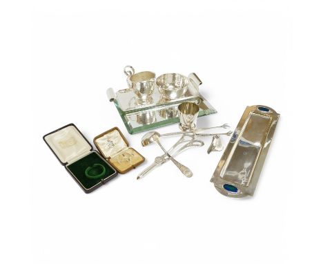 A plated pin tray in Liberty style with enamelled decorative roundels, a hammered jug basin and stand etc., pin tray with dec