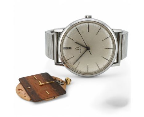 A gentleman's mid 1960's stainless steel Omega manual wind wrist, with baton numerals, movement c.601, case diameter 34mm, on