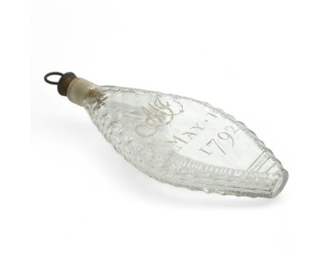 A George III engraved and cut glass flask, dated 1792, 17cm including stopper. Condition - good