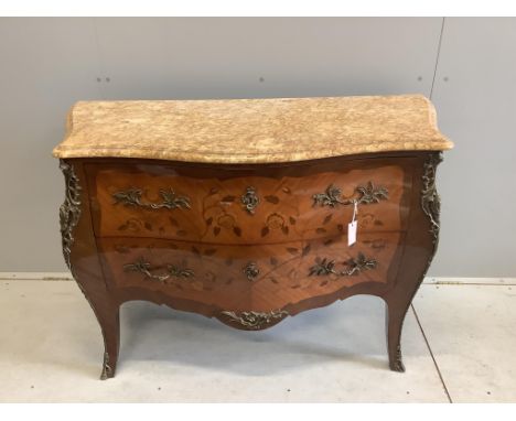 A Louis XVI style marquetry inlaid gilt metal mounted marble topped bombe commode, width 122cm, depth 51cm, height 86cm. Cond