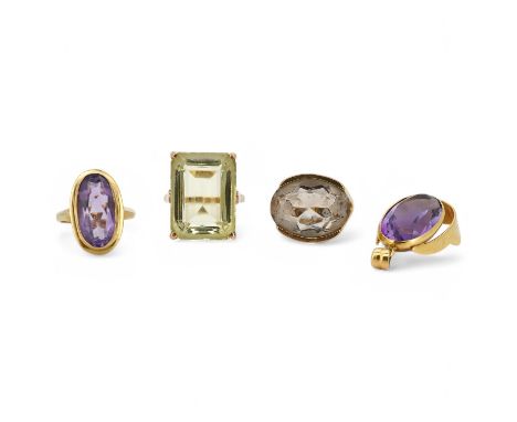 A collection of jewels, comprising: an oval amethyst ring and pendant, each collet-set in 9ct gold, ring size J1/2, pendant l