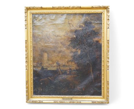After John Constable (1776-1837), oil on canvas, Figures before a churchyard, 90 x 75cm, applied plaque to the ornate gilt fr