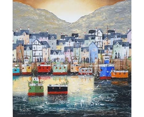 Ken Hammond (b.1948), impasto oil on board, English harbour view with fishing boats, signed, 60 x 59cm. Condition - good Artw