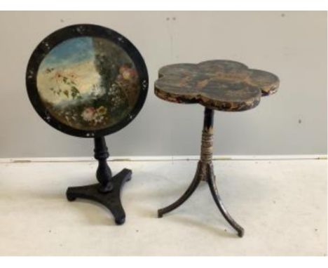 A Victorian painted papier-mâché circular tilt top wine table and a chinoiserie lacquer tripod wine table, larger width 50cm,