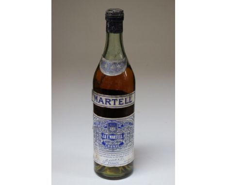 A bottle of Martell Cognac Three Star Brandy, Spring Cap blue label, probably 1950's. Old blue inked label, 70% proof.Conditi