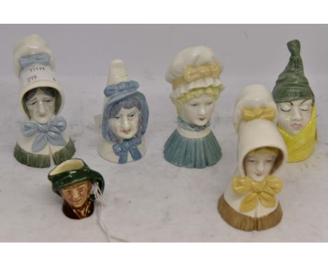 Five Royal Worcester ceramic candle snuffers, including Mr Caudle, Mrs Caudle, MOB Cap, Young Girl, Old Woman and miniature R