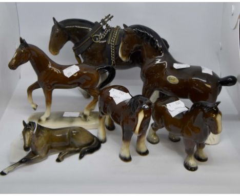 Group of six 20th Century ceramic horse and foal statues, various makers including Sylvac 