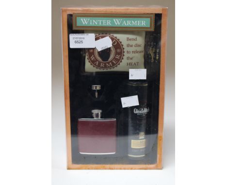 A bottle of Glenfiddich 50ml bottle and flask plus hand warmer