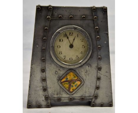 Arts and Crafts pewter mantle clock with copper and pewter design, Arabic numerals