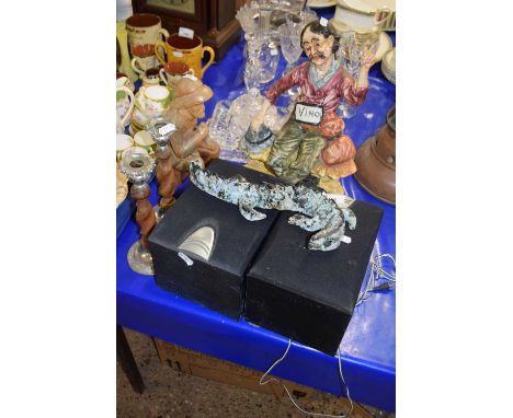 Mixed Lot: Continental pottery figure, a carved wooden figure of a man smoking a pipe, pair of candlesticks, pair of speakers