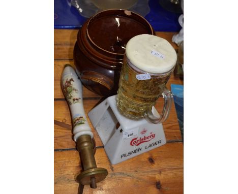 Mixed Lot: Ceramic beer tap, a Carlsberg bar advertising pint glass and a further stone ware pot (3)