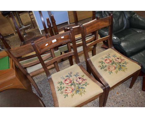 Set of four 19th century mahogany bar back dining chairs with tapestry seats together with two others (6)