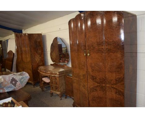 Early 20th century Burr Walnut veneered bedroom suite, two door wardrobe, three door wardrobe, double bedframe, dressing tabl