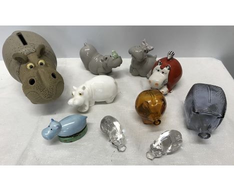 Collection of Hippo ornaments including Nao LLadro, Villeroy and Boch, Royal Osborne, Muggins pottery money bank and two glas