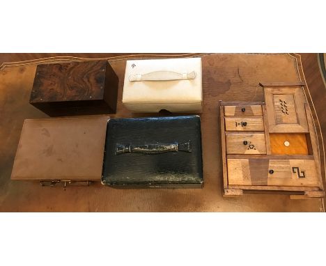 Five various vintage jewellery boxes including leather and wooden puzzle box. 