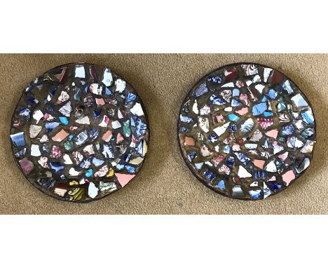 A pair of hand crafted mosaic tiled plates backed on to a metal embossed plate ' Who Killed Cock Robin' I, said the sparrow w