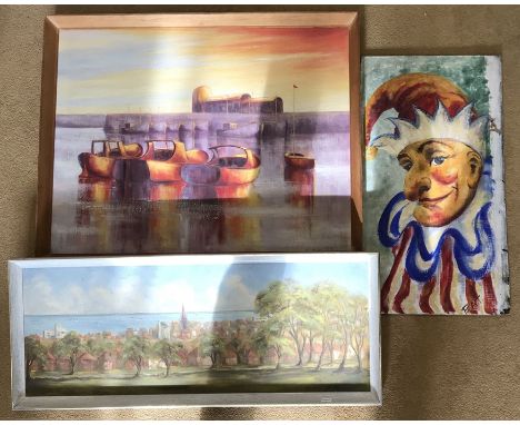 Three oil paintings on board, P Pinder, Bridlington North View and Harbour, also a portrait of Punch. Harbour painting. 49 h 
