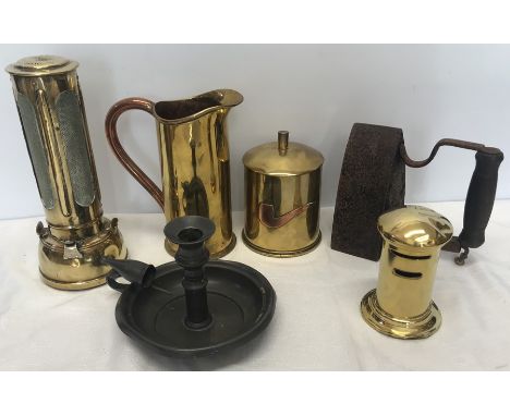 World War I Trench Art, brass bomb shell case tobacco box, shell case jug, mail pillar money bank together with a Nobby brass