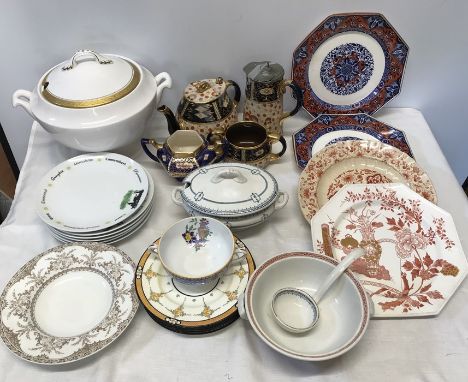 Mixed pottery selection, Mintons plates, bowl, side plates, blue and gilt tea ware, tureen with ladle, large white tureen, gi