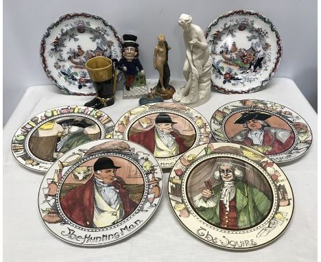 Mixed lot of ceramics, Royal Doulton series plates 27cms w, reproduction art deco figure 21cms h, bisque figure, Staffordshir