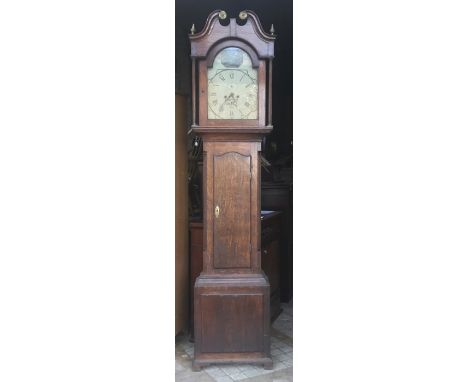 Oak cased grandfather clock, painted dial, James Foster, Morley, 1869. 230cms h x 50cms w x 25cms d. Condition ReportMissing 