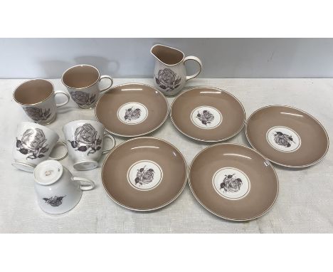 Susie Cooper part tea set, 5 cups and saucers and 1 jug. Sepia Rose pattern. 