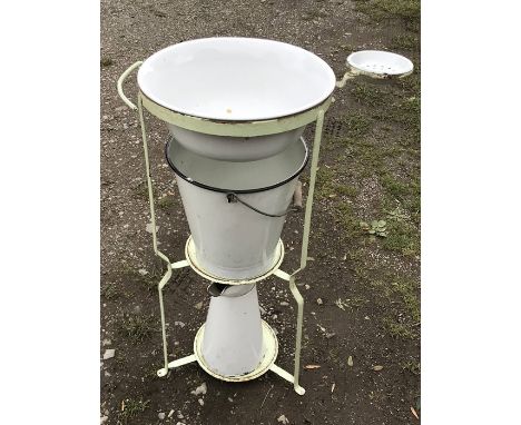 Three tier metal washstand with white enamel wash basin, bucket, jug and soap dish. 84cms h, 36cms w. 