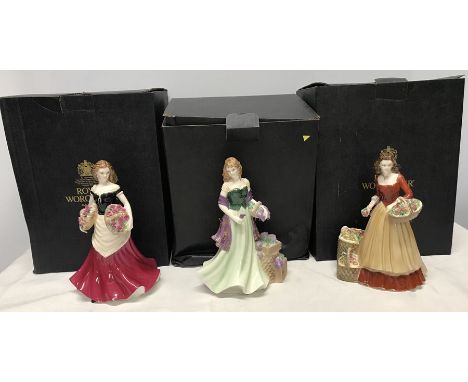 Royal Worcester figures. Street Sellers. Rose, Lavender and Apple, approx 22cms h with boxes. 