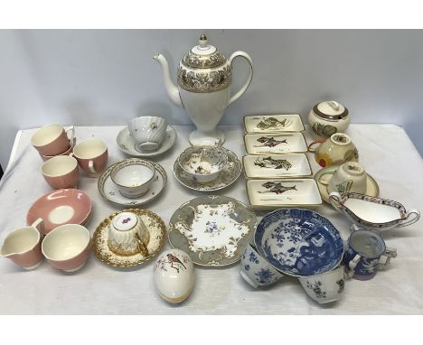 Mixed pottery selection, Grays pottery fish design dishes, preserve pot, cup and saucer, Victorian Minton cups and saucers, M