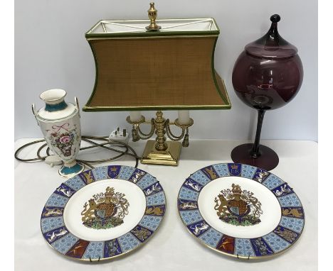 A mixed lot to include decorative brass twin light table lamp with shade, tall purple glass lidded goblet 38cm, Minton Rose b