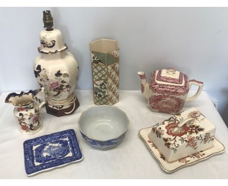 Masons Ironstone Pottery selection. Mandalay table lamp, 38cms h, jug 14cms, Applique vase, 25cms h, Vista teapot, Golden Aza