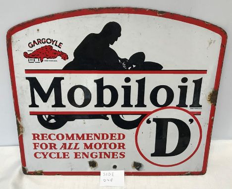 Enamel sign. Mobiloil 'D' for motorcycle engines with motorcycle silhouette, double sided. Rare curved top.&nbsp; 38 w x 33cm