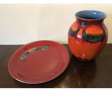 Poole pottery vase, 20cms h and plate, 27cms d. 