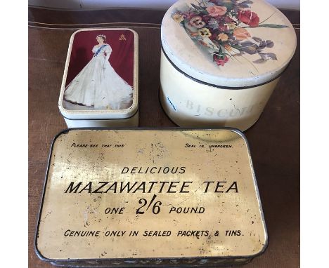 Three vintage tins to include Mazawattee, tea tin, Coronation tin and biscuit tin. 